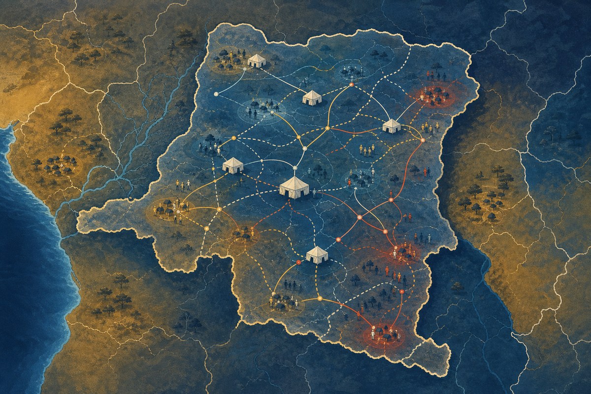 Editorial illustration of public-health response routes across the Democratic Republic of the Congo.