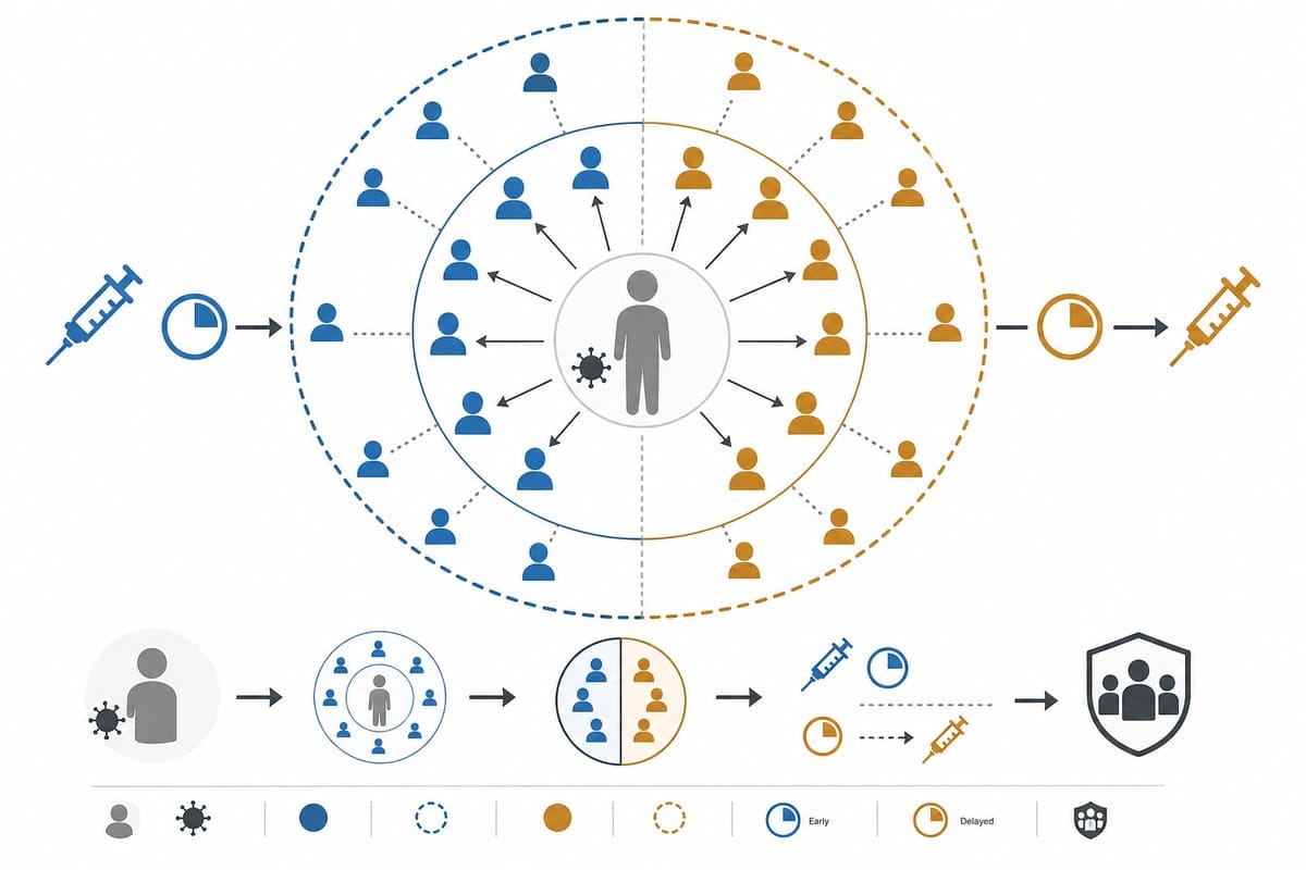 Conceptual diagram showing a confirmed case surrounded by rings of contacts for a vaccine trial.