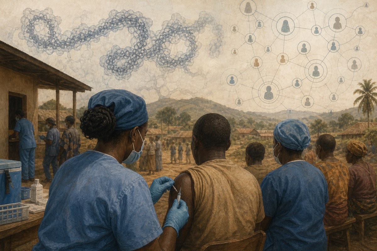 Editorial illustration of protected health workers receiving vaccinations beside a contact-tracing diagram.