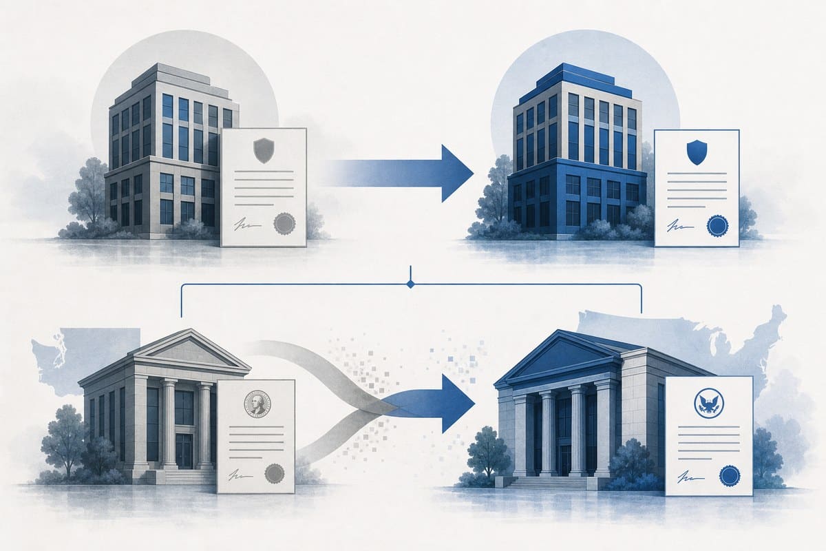 Conceptual diagram of the holding-company and bank-charter merger paths.