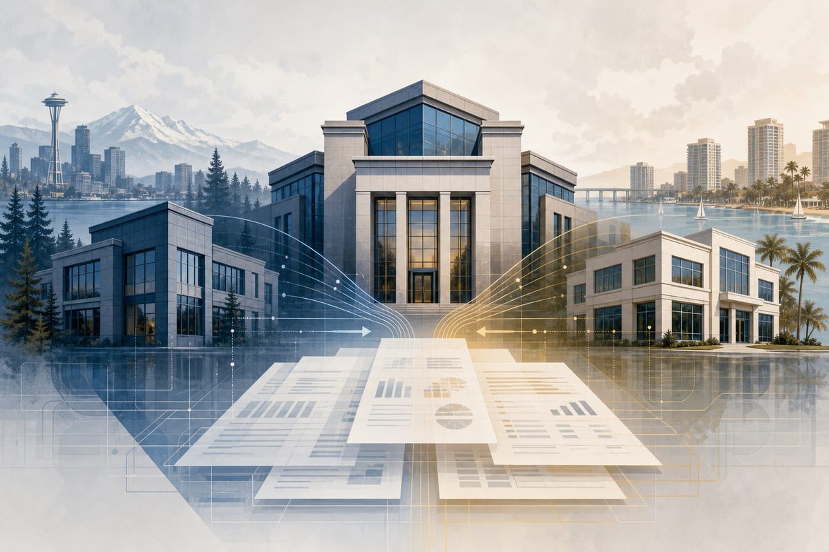 Two abstract bank buildings converging with financial documents and connecting lines.