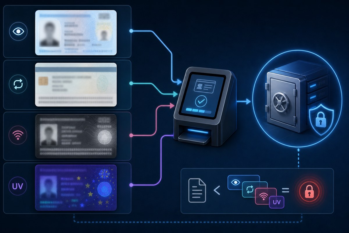 Abstract panels representing front, back, infrared and ultraviolet identity-document scans connected to a verification system.