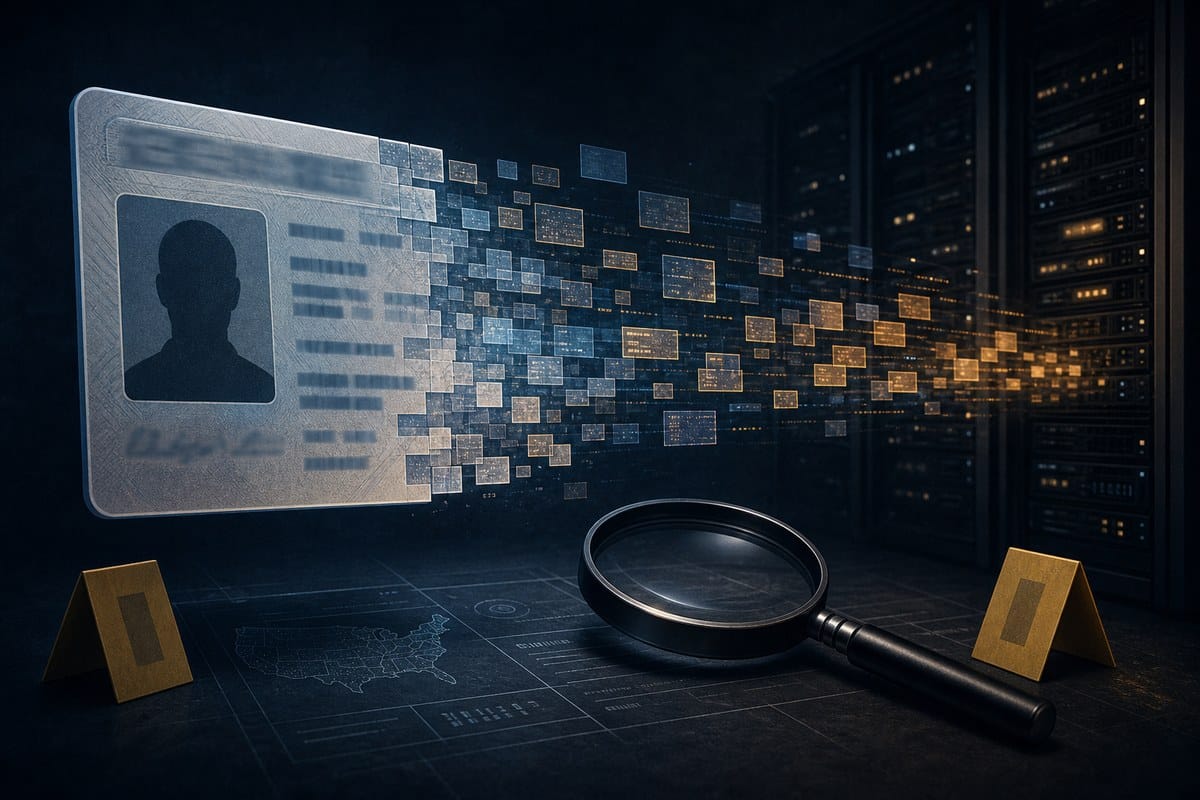 Abstract identity card data fragments flowing toward shadowy servers under a magnifying glass.
