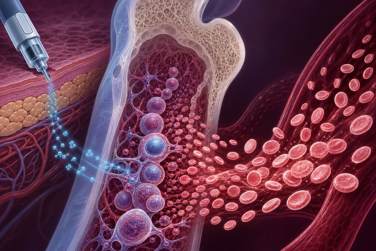 Editorial illustration of excess platelets in bone marrow and an injectable treatment pathway.