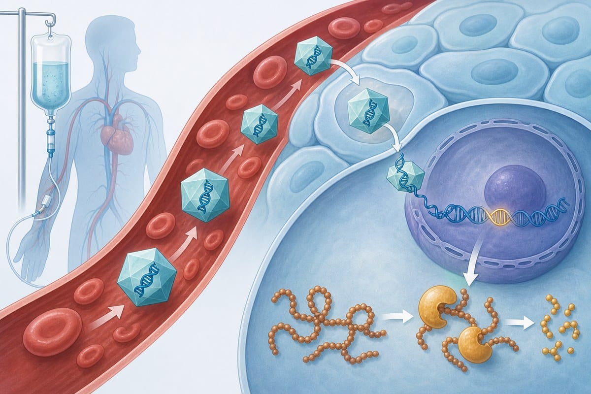 Conceptual diagram of intravenous viral-vector gene therapy delivering a working gene to cells.
