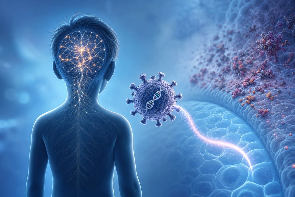 Conceptual illustration of gene therapy delivering a DNA sequence toward a child silhouette and brain cells.