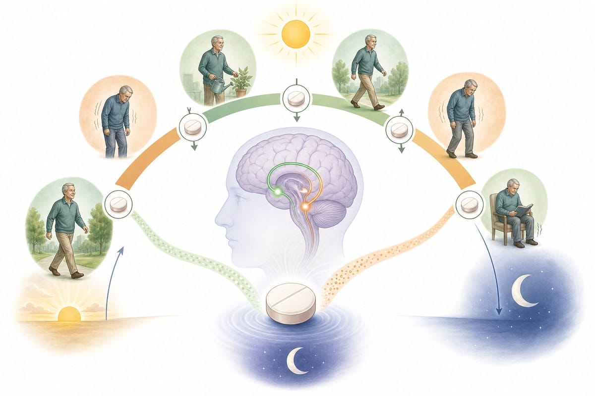 Conceptual illustration showing steadier and returning Parkinson’s symptoms across a day