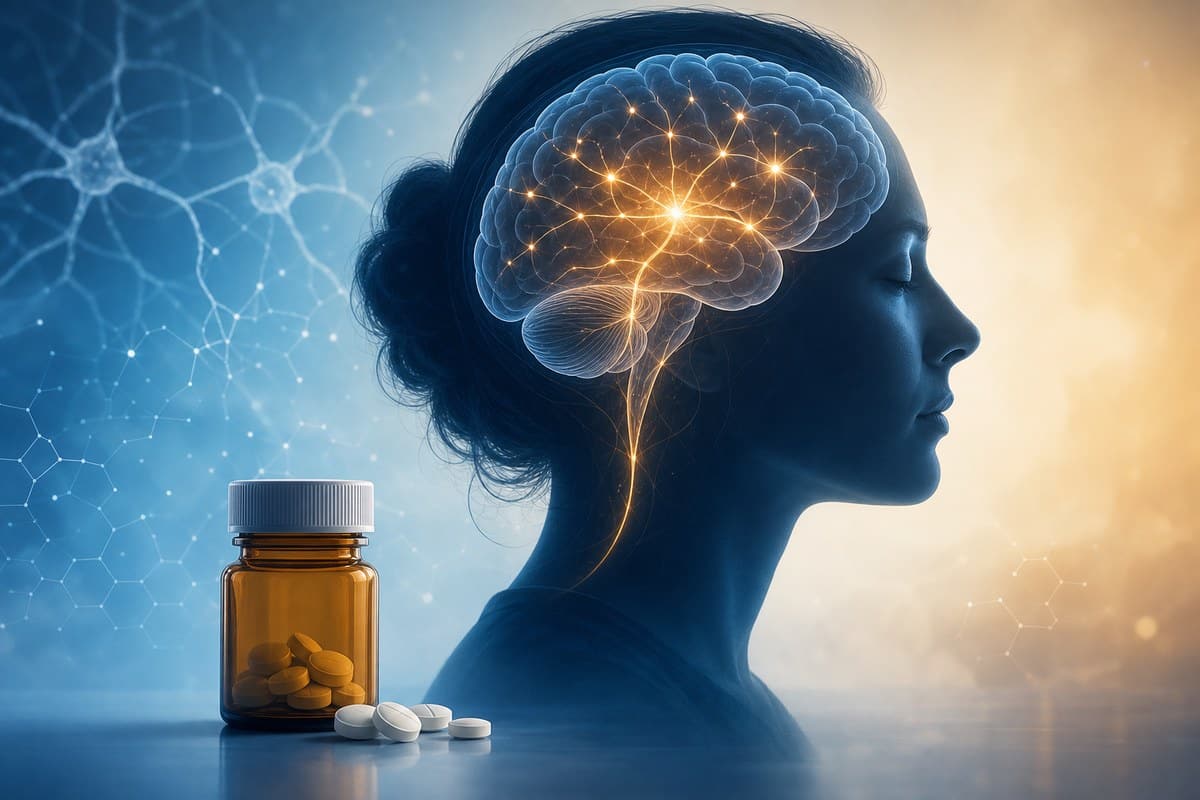 Conceptual illustration of Parkinson’s treatment with neural pathways and unbranded tablets
