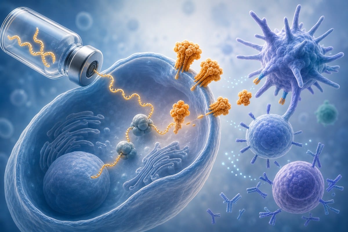 Conceptual illustration of mRNA entering a cell and prompting an immune response to influenza protein