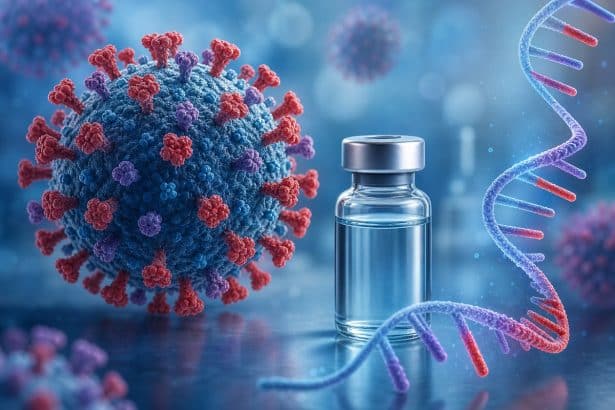 Illustration of an influenza virus, an mRNA strand and a vaccine vial