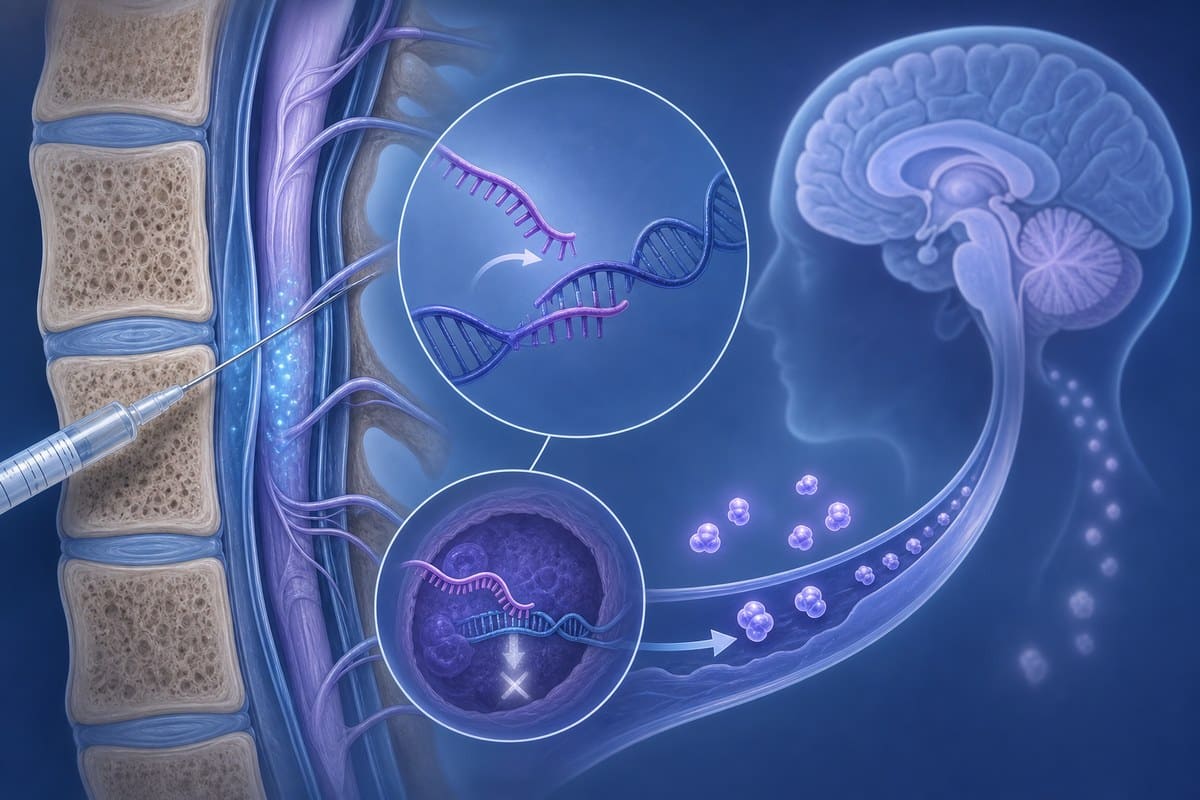 Conceptual illustration of spinal-canal dosing and RNA-targeted reduction of abnormal protein production.