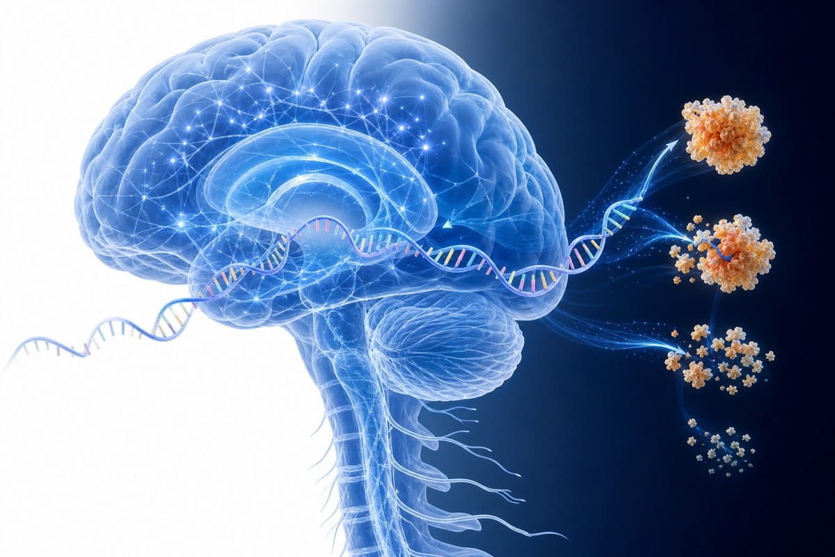 Illustration of a brain and spinal cord with glowing strands representing RNA-targeted treatment.