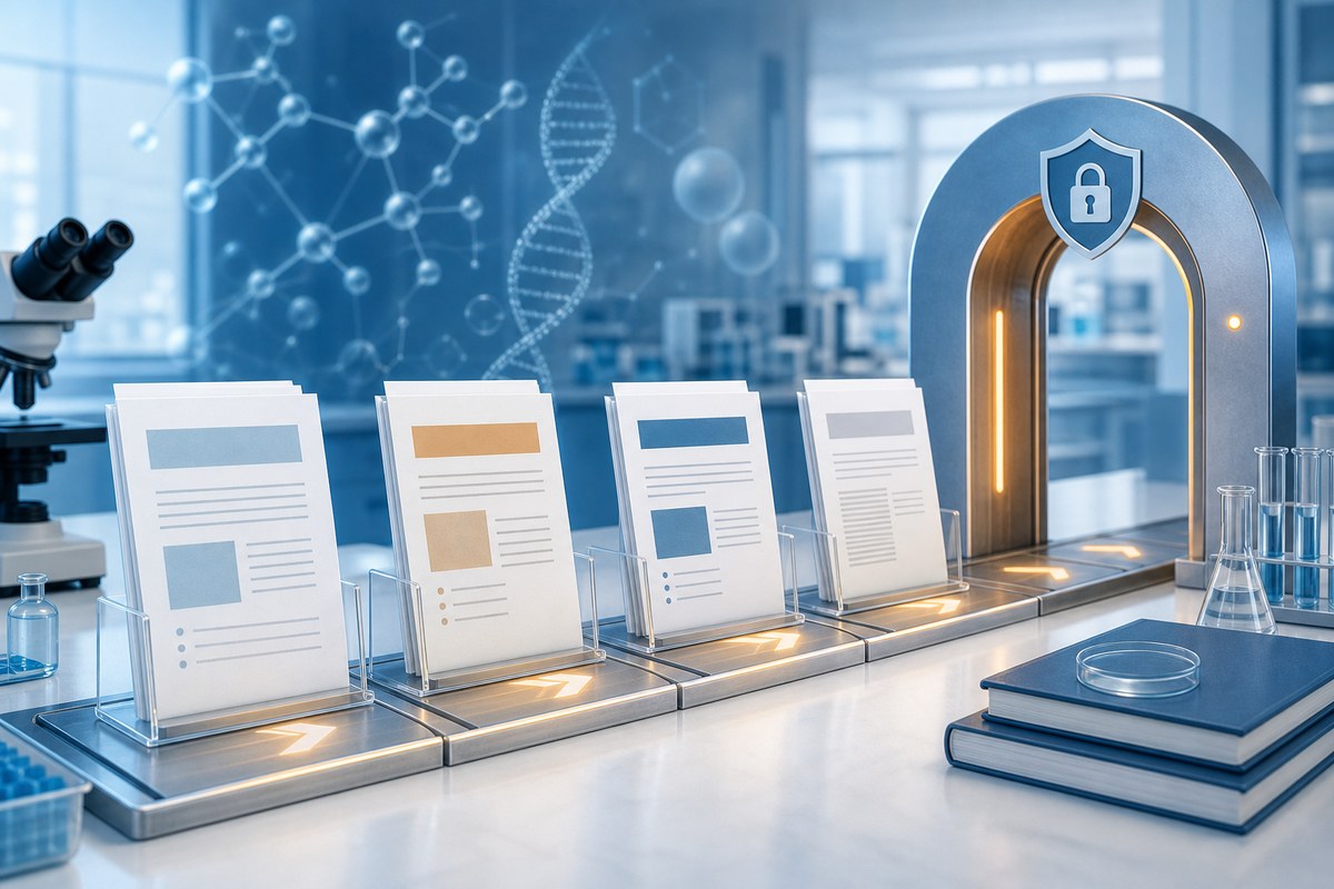 Illustration of staged research documents moving toward a regulatory review gateway in a laboratory setting.