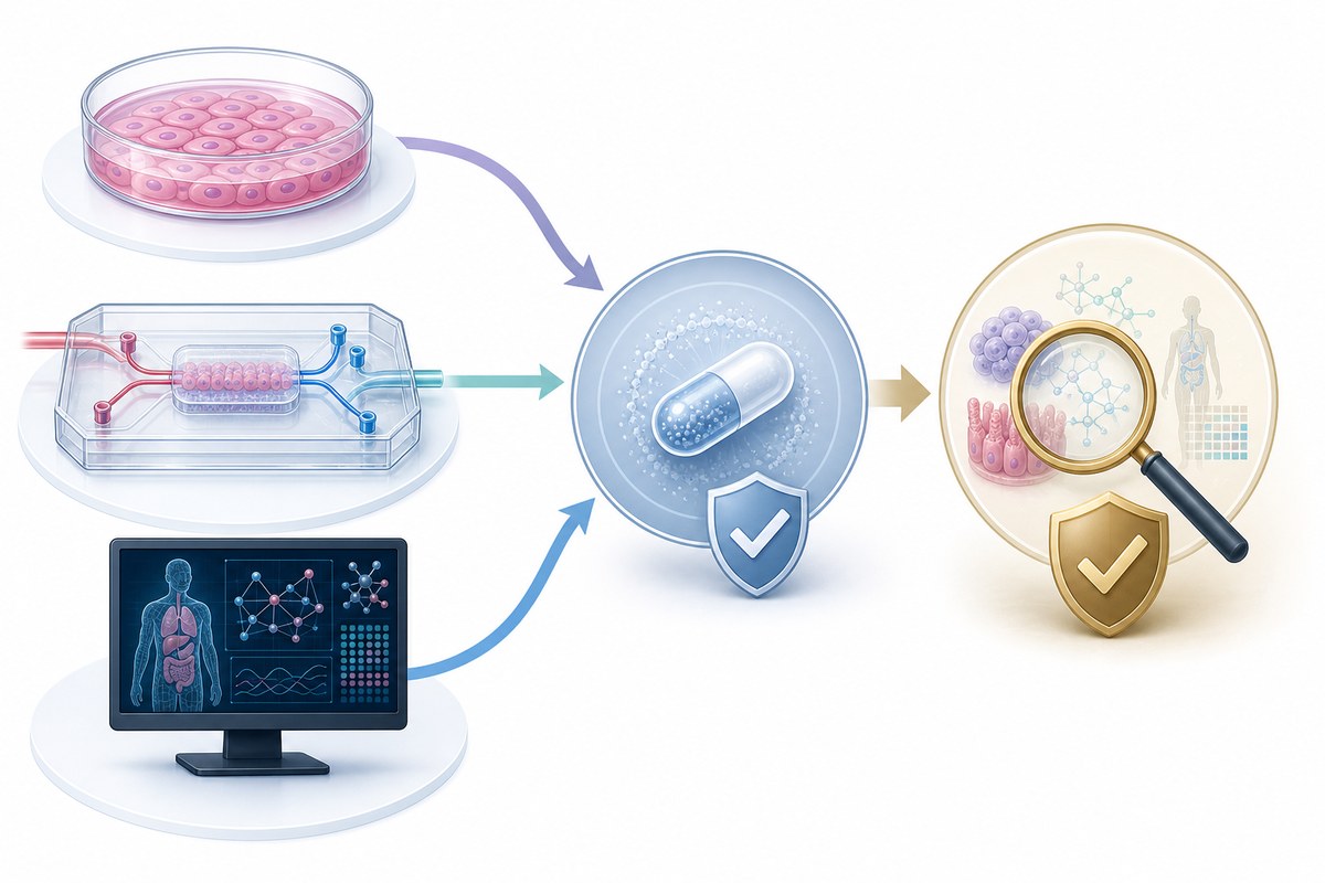 Illustration showing human-cell tests, an organ-on-chip and computer modeling assessed for drug-safety use.