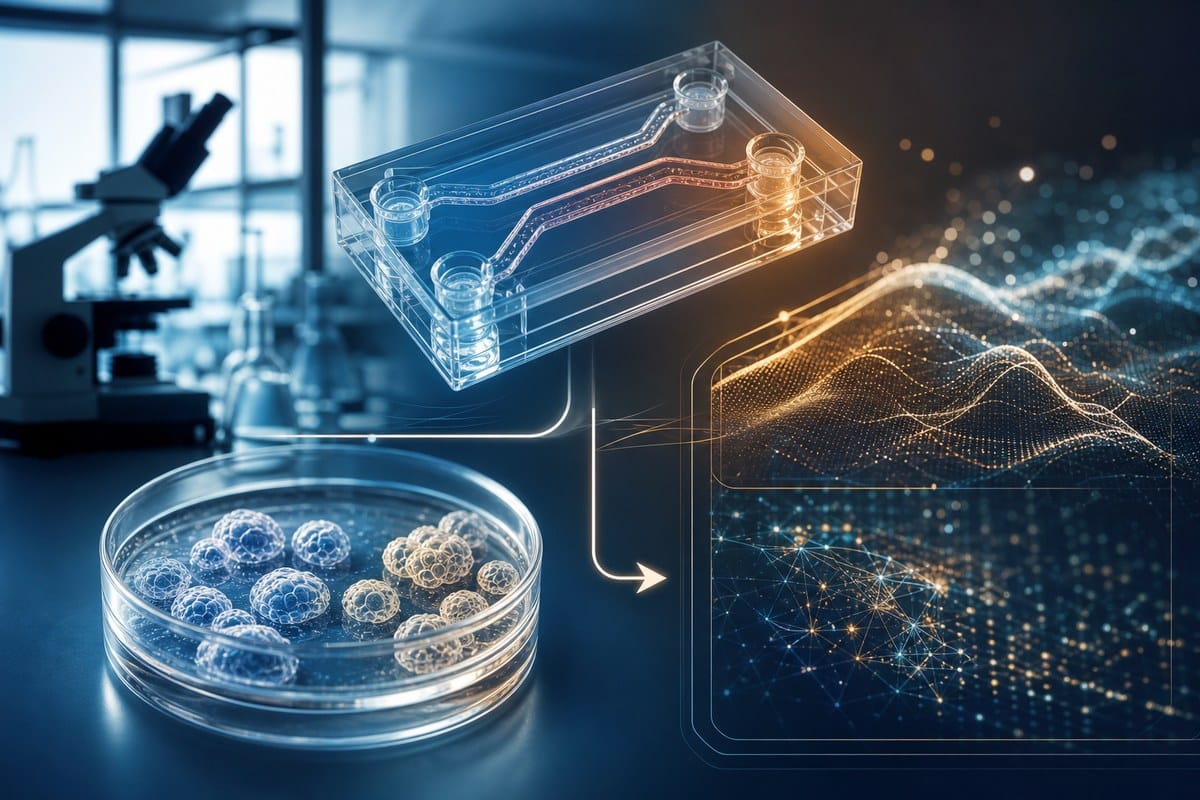 Conceptual illustration of human-cell testing, an organ-on-chip device and computer modeling used in drug safety research.