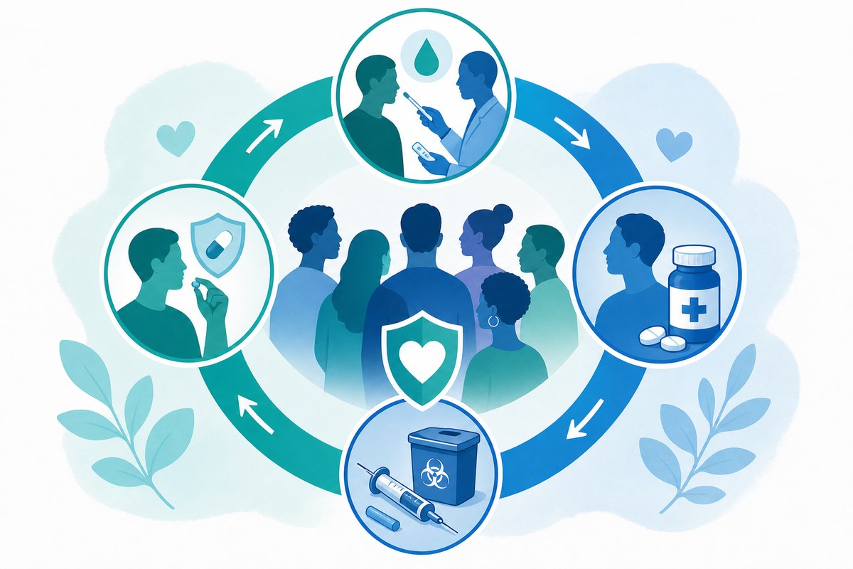 Conceptual illustration linking HIV testing, treatment, PrEP and sterile injecting equipment services.