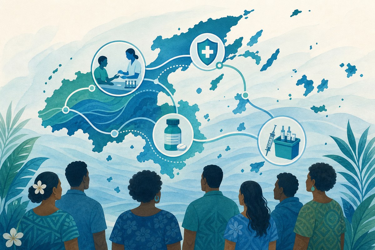 Editorial illustration of Fiji map pathways linking HIV testing, treatment and prevention services.