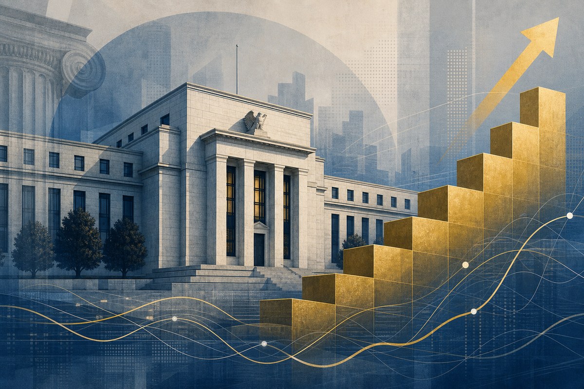 Stylized central bank building with ascending rate steps and market lines.