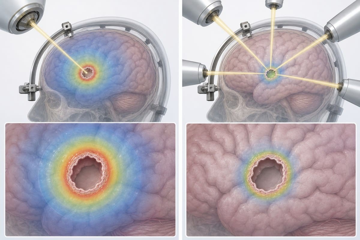 Conceptual comparison of one radiation session and several smaller sessions after brain surgery.