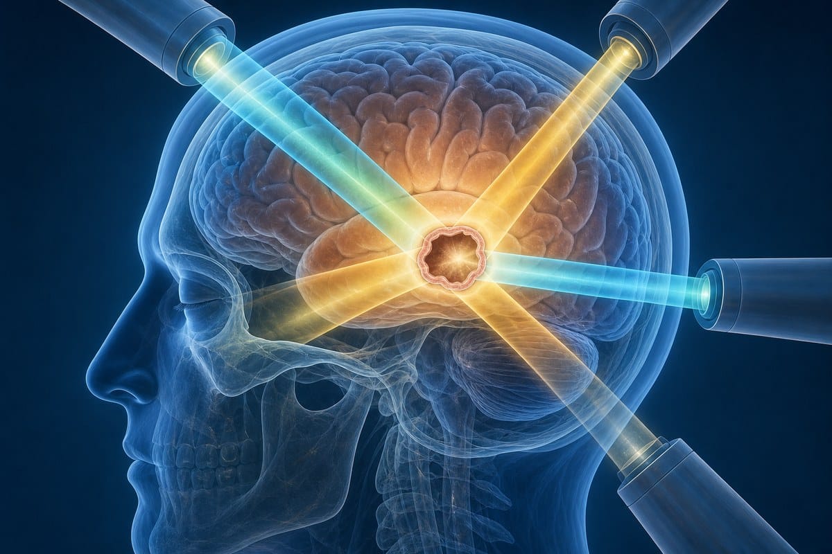 Illustration of fractionated radiation beams aimed at a postoperative brain cavity.