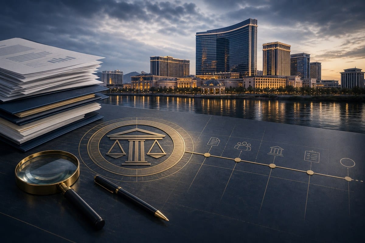 Conceptual illustration of a casino merger under federal regulatory review.