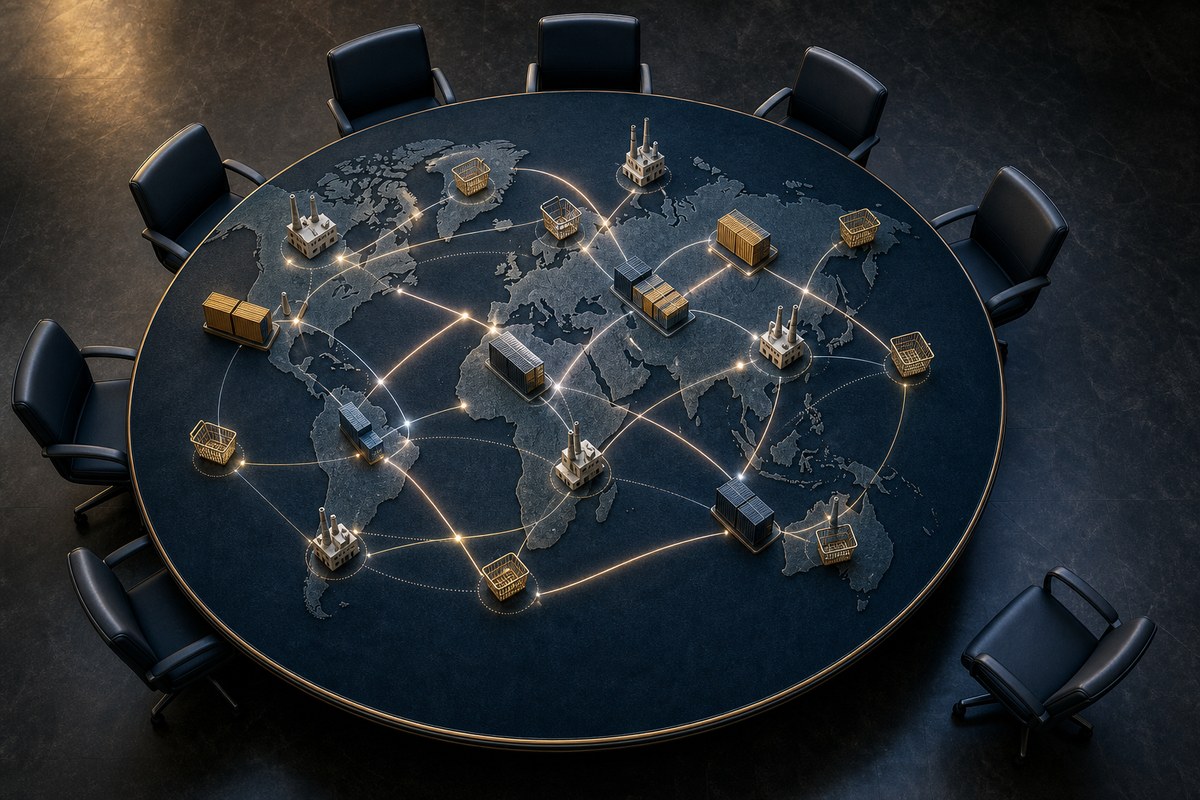 Abstract conference table with global trade routes, cargo containers and one chair set apart.