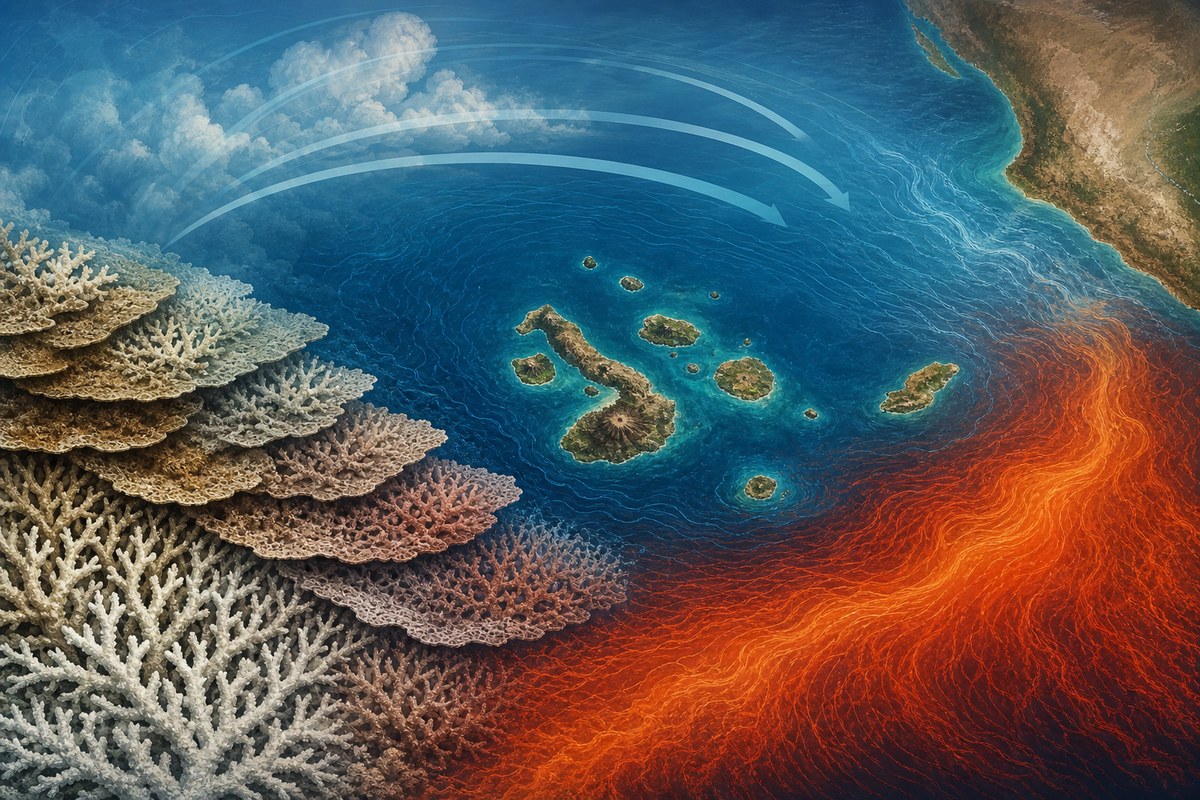 Layered coral beside warm Pacific currents and atmospheric circulation over the Galápagos.