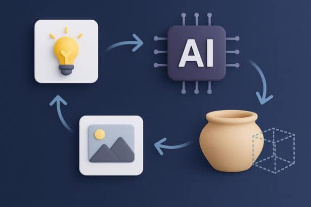 AI-generated 3D models transforming sketches and photos, illustrating Meshy&rsquo;s creative process