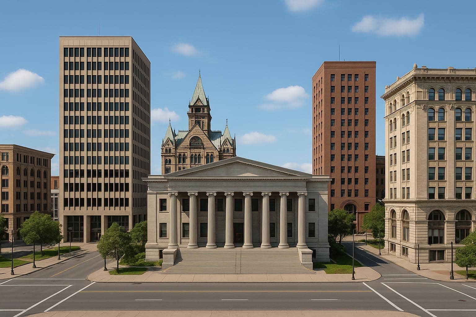 Law firm buildings and Syracuse skyline representing top legal services in Syracuse, NY