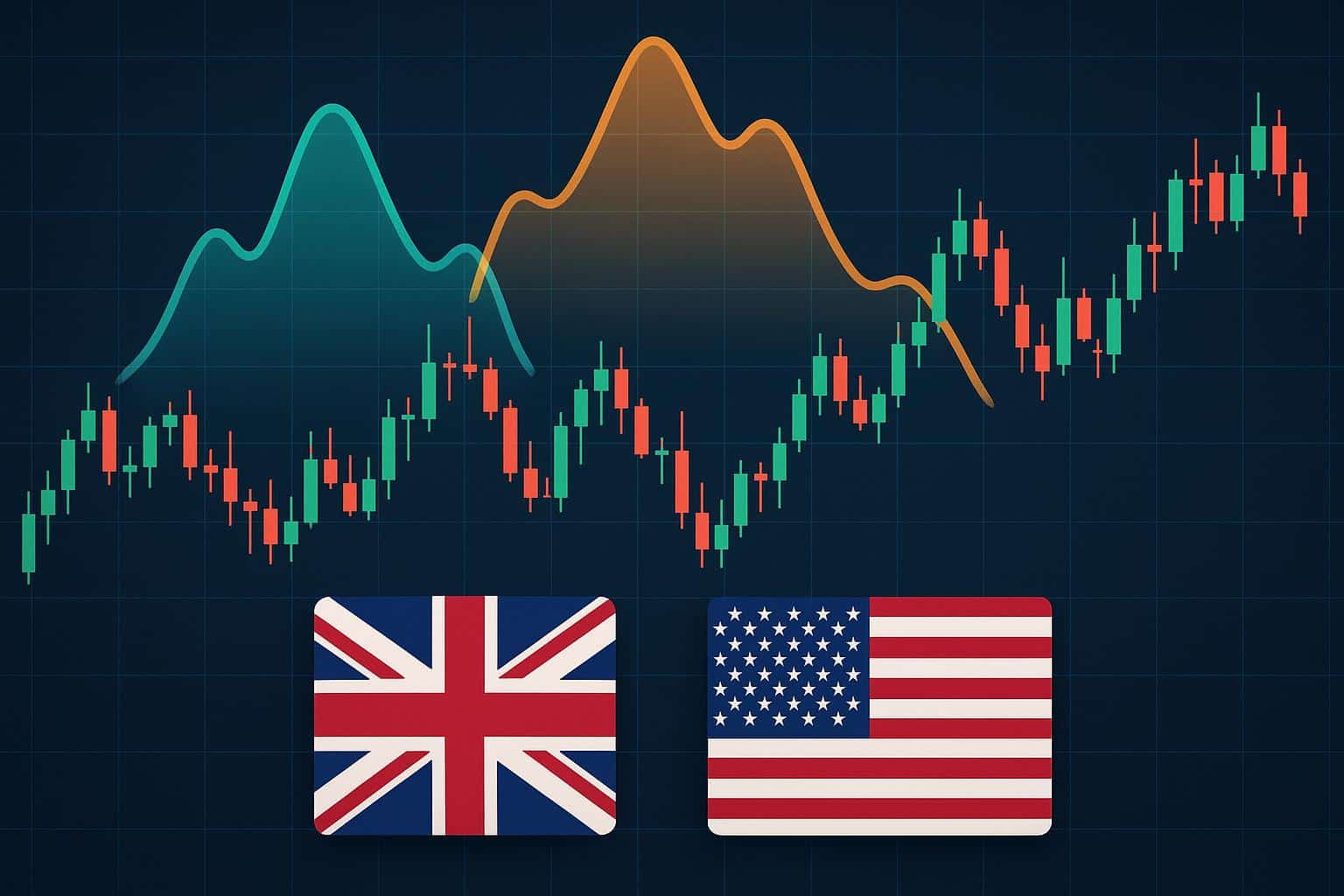 British Pound and U.S. Dollar currency symbols with trading session clocks in the background