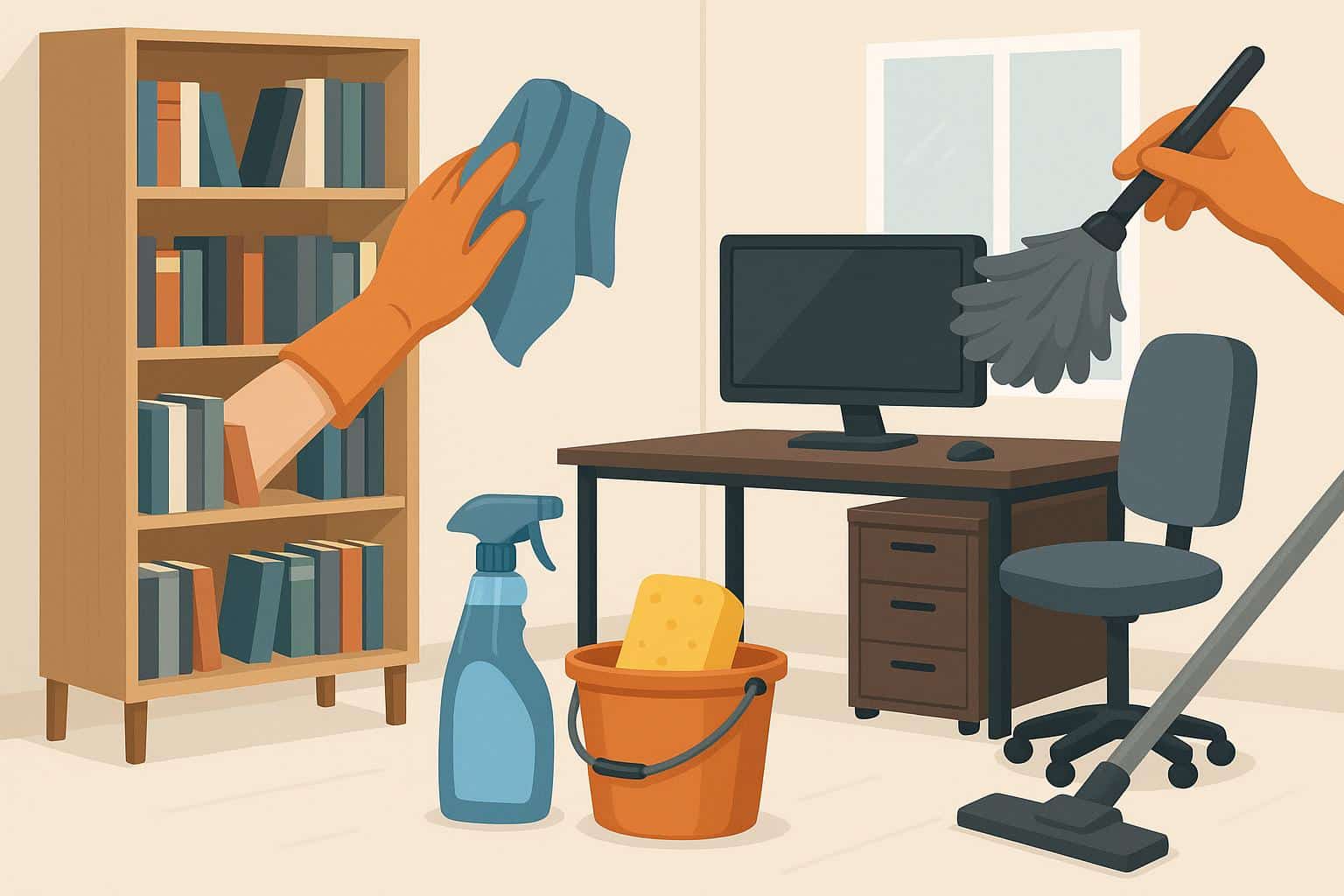 Organized home office with tidy bookshelves, clean desk, and neatly arranged equipment