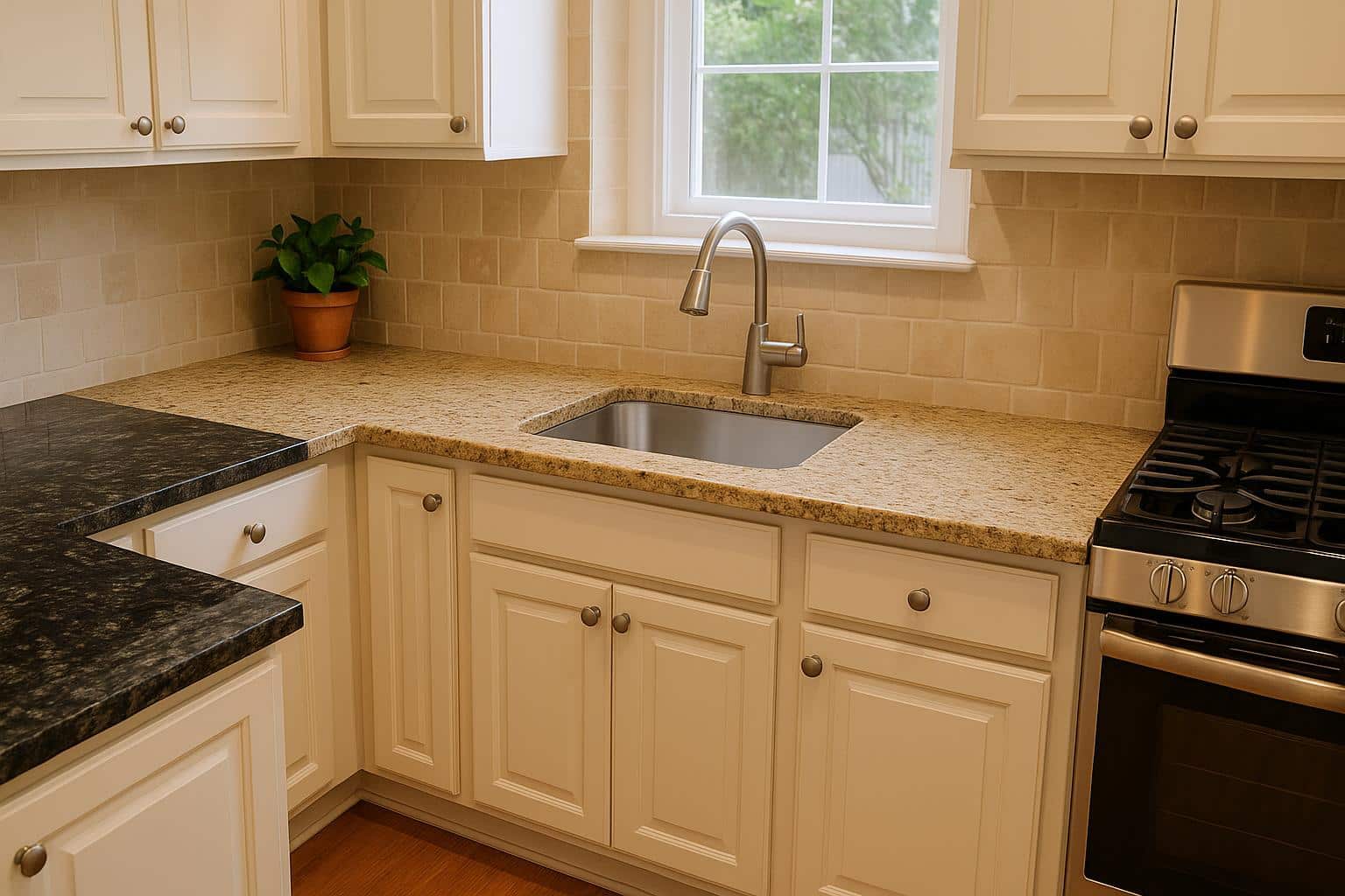 Polished granite countertops in Vastu-approved colors for a South-East facing kitchen design