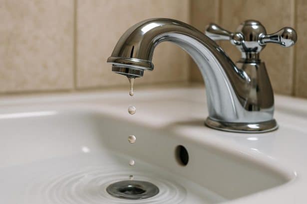 Close-up of water dripping from a kitchen faucet illustrating water waste from leaks