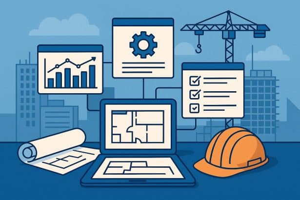 Dashboard interface displaying integrated construction management platform tools and analytics