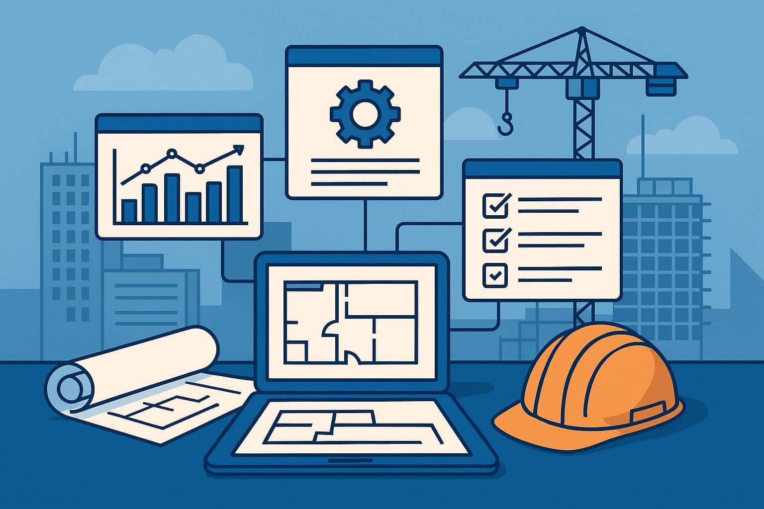Dashboard interface displaying integrated construction management platform tools and analytics