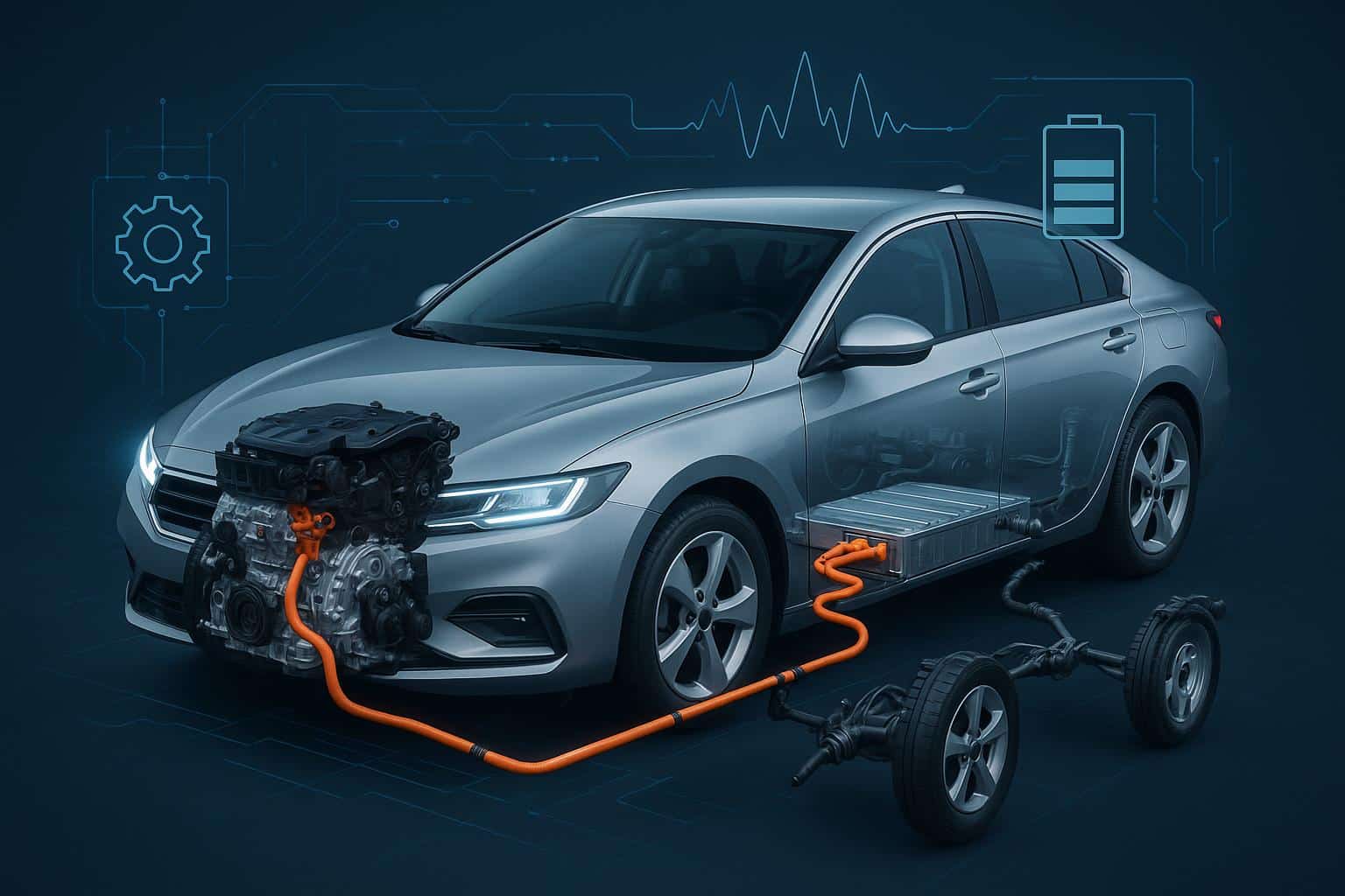 Car engine with digital software overlay illustrating modern automotive power technology