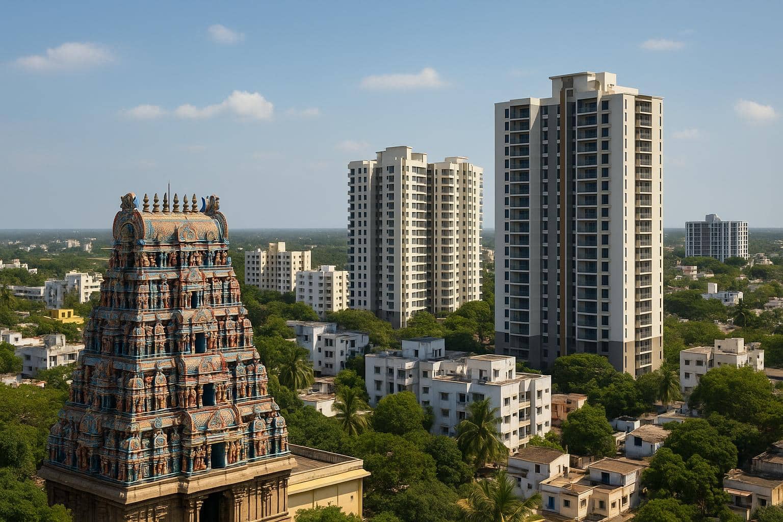 Skyline of Trichy with modern apartments and parks, highlighting urban family living potential