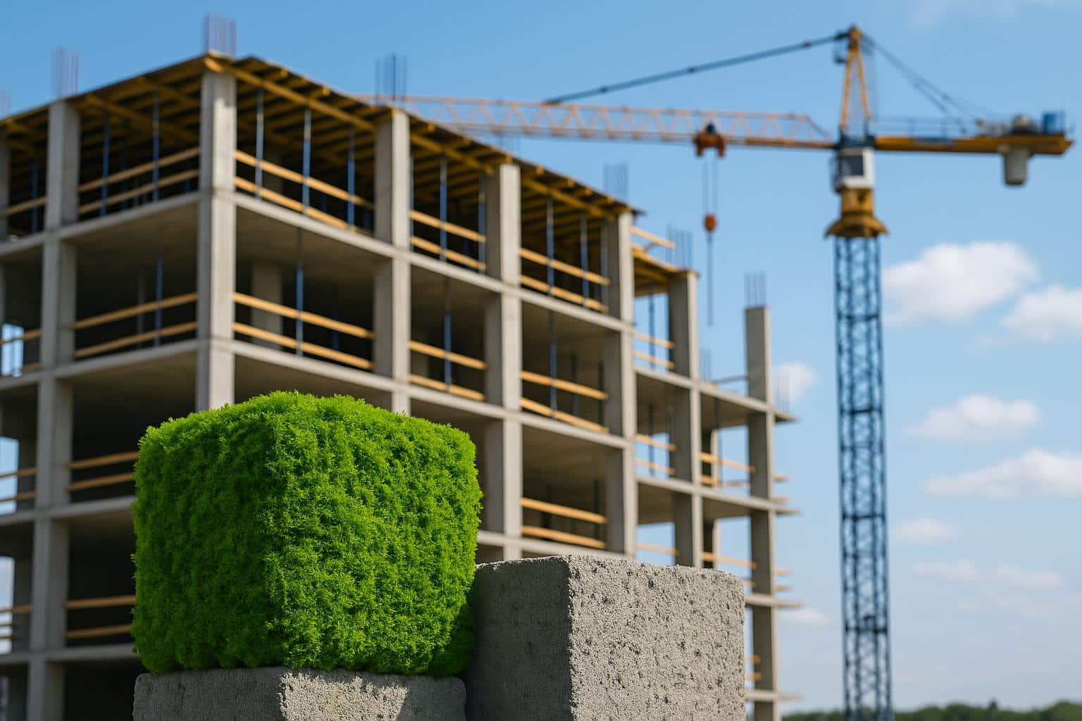 Sustainable concrete blocks at an eco-friendly construction site promoting low-carbon building methods