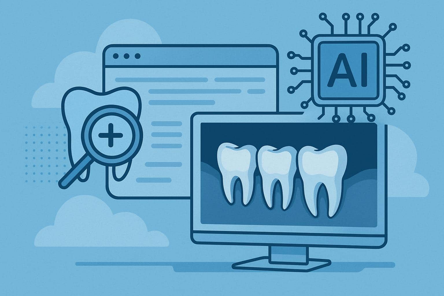 Dental X-ray highlighted with digital AI analysis tools detecting early dental issues