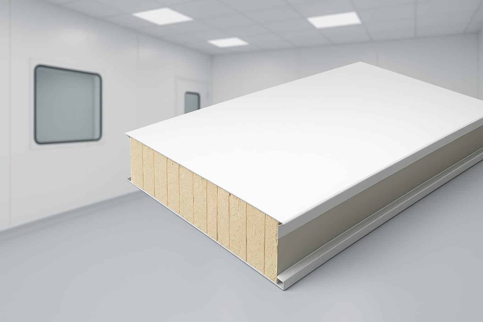Close-up of cleanroom sandwich panels showing core materials and layered construction details