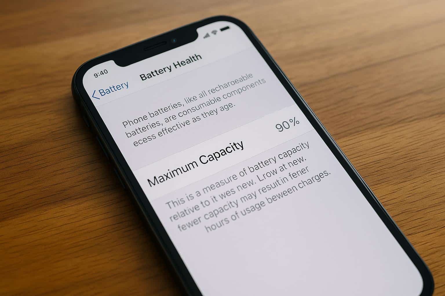 Smartphone displaying battery health percentage icon for phone battery performance awareness