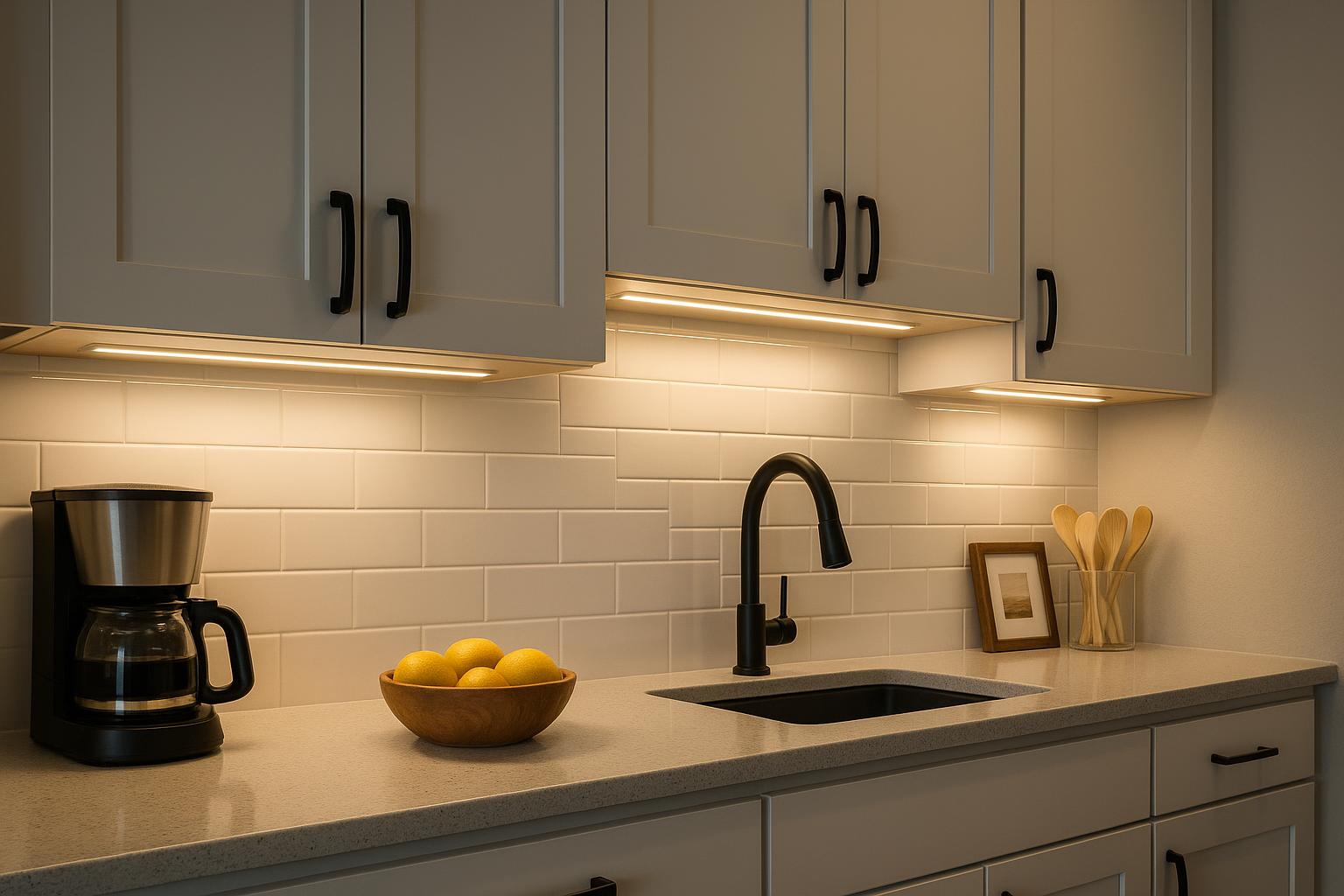 Modern kitchen with sleek under cabinet lighting illuminating countertops and workspace areas