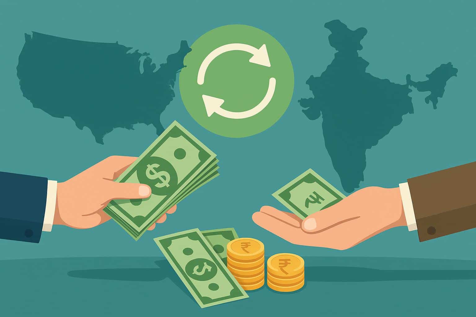 Online money transfer from USA to India concept with digital devices and currency symbols