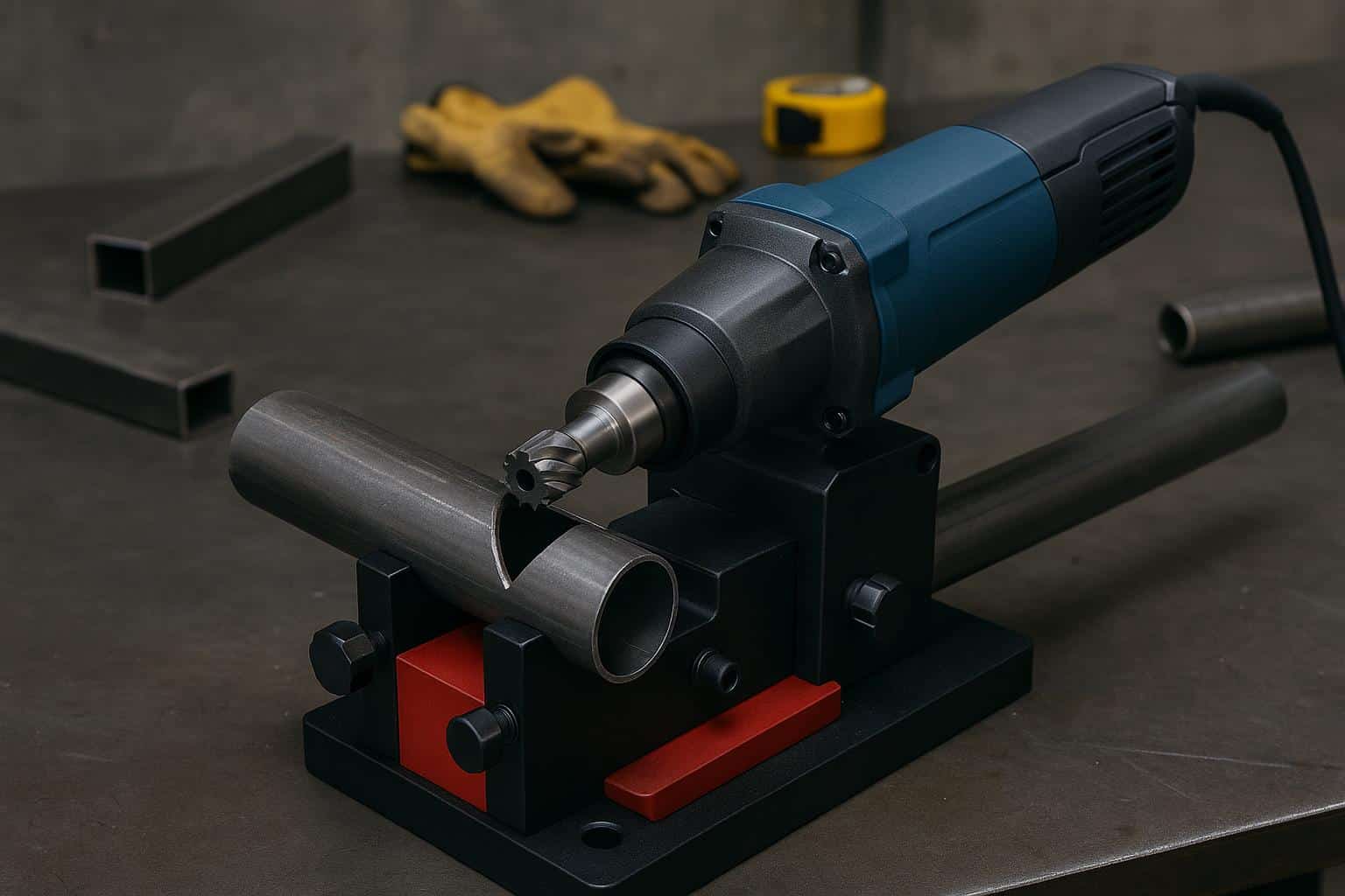 Tube coping tools arranged on a workbench in a custom metal fabrication workshop