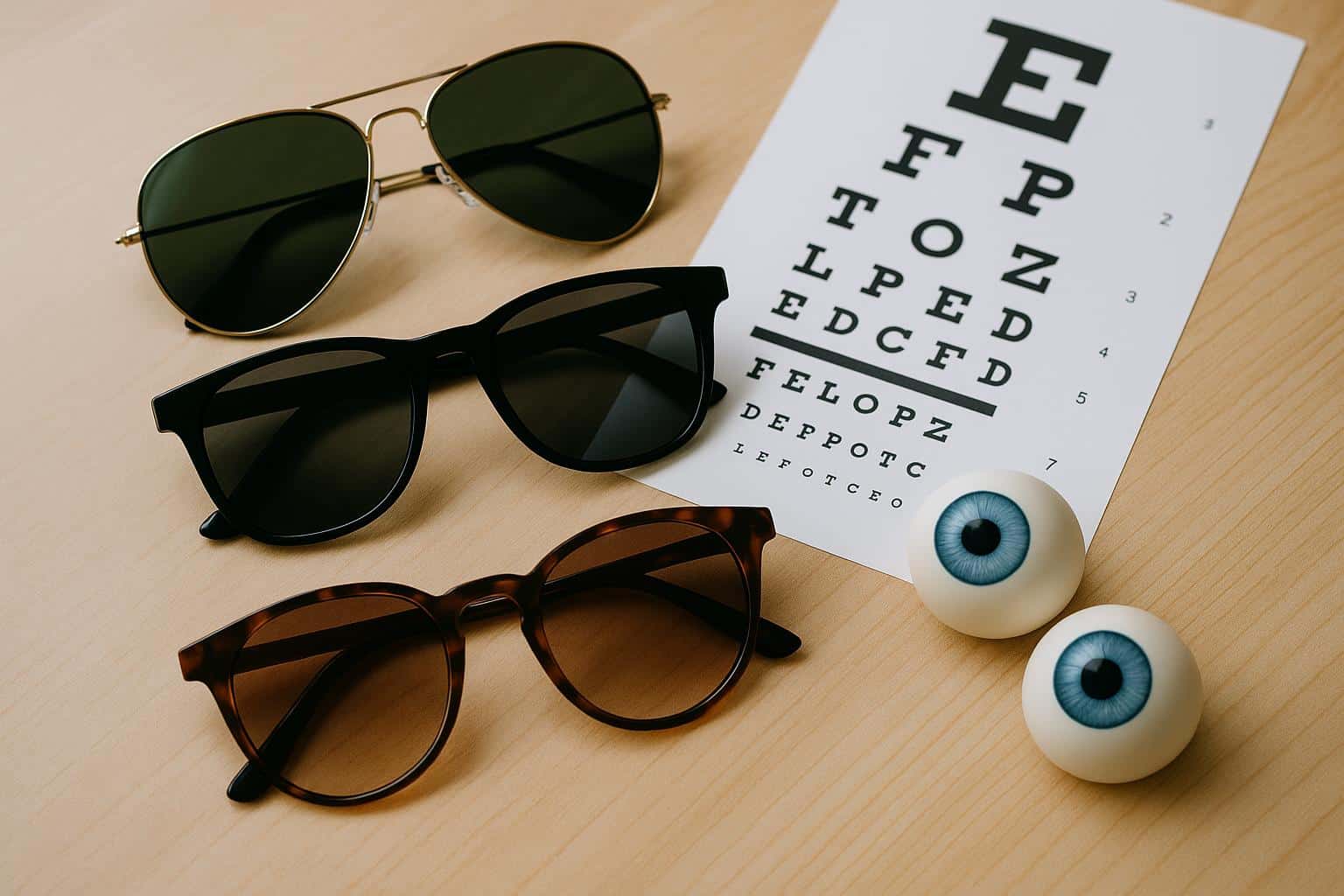 Stylish sunglasses displayed on a table, showcasing different lens shapes and frame styles