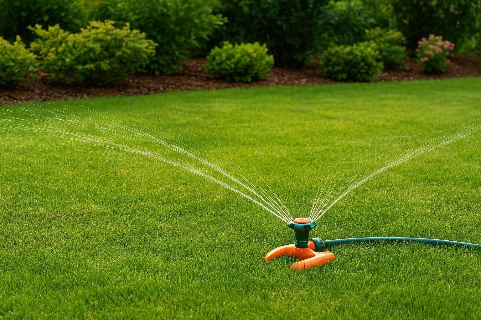 Lush green lawn with efficient sprinkler system conserving water outdoors