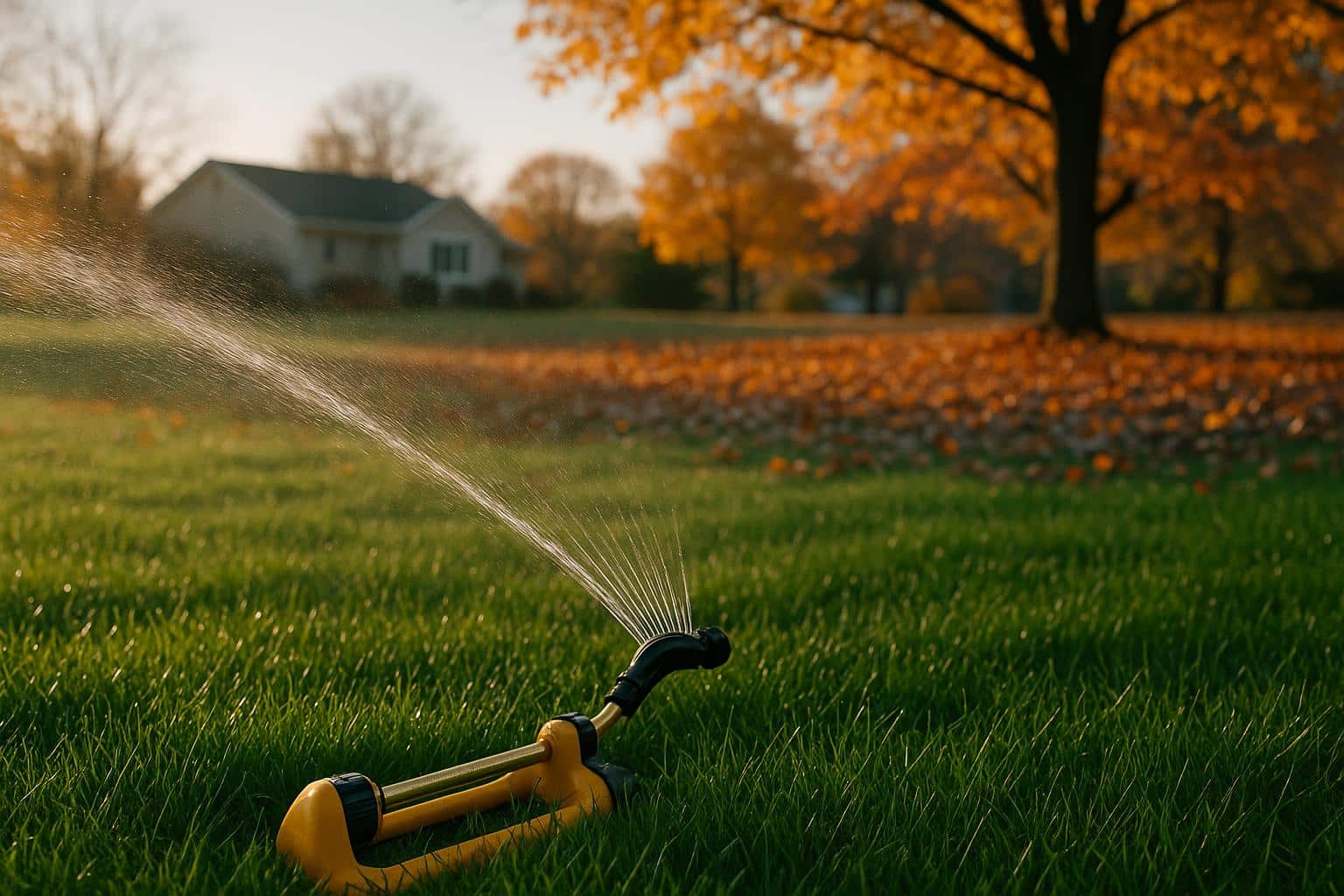 Lawn grass receiving fall fertilizer and water before winter preparation