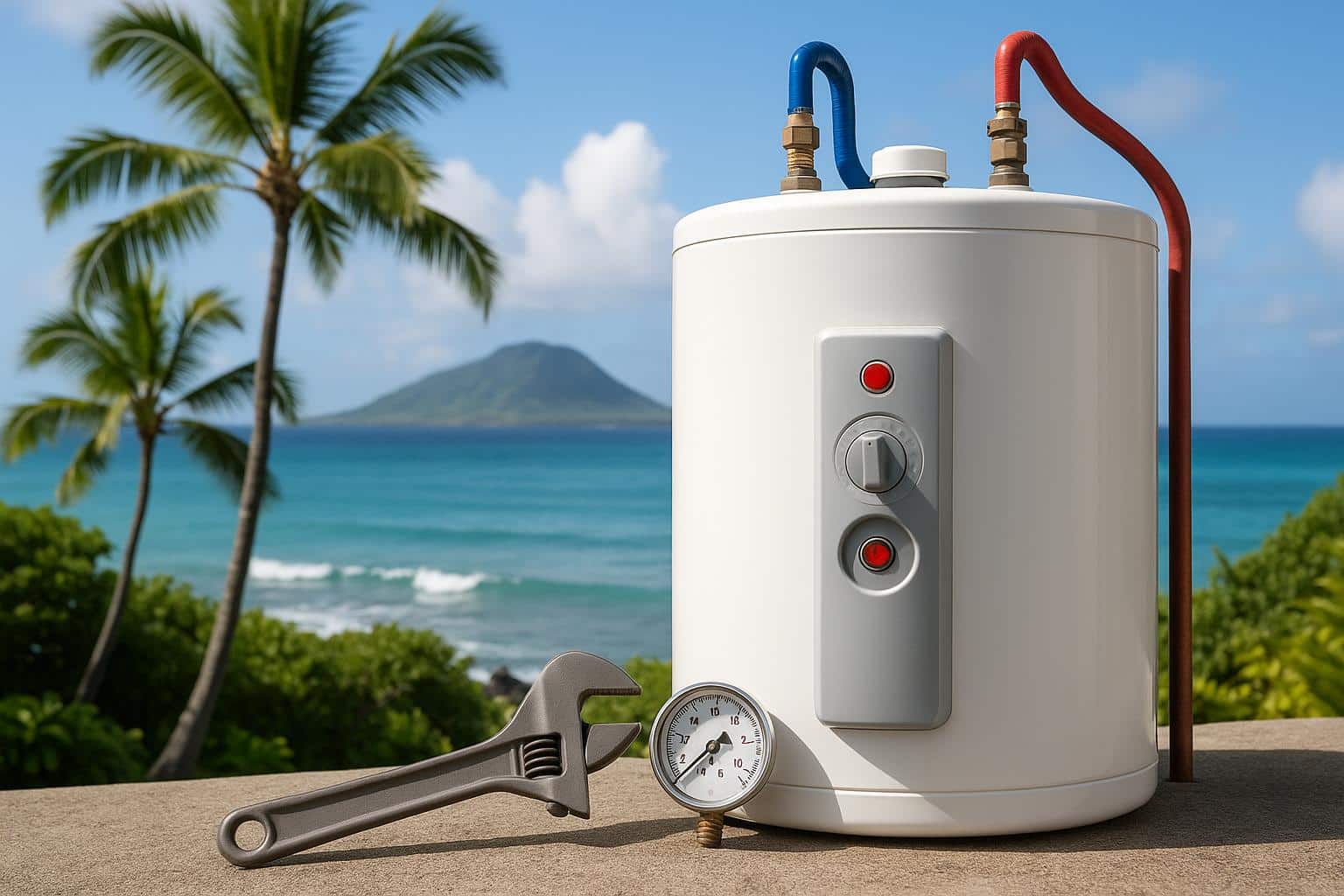 Aging water heater in a Hawaiian home highlighting signs of repair or replacement needs