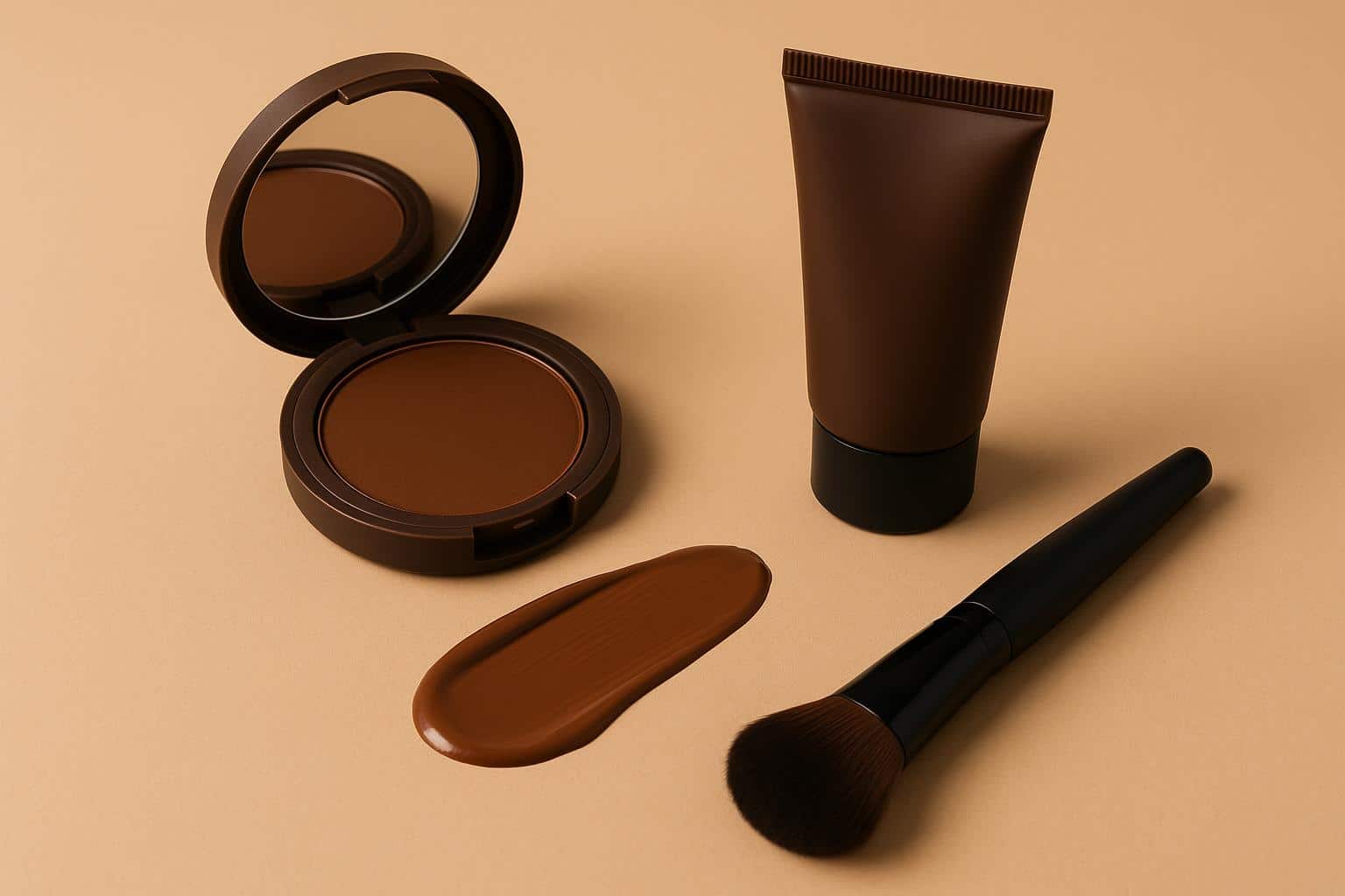 Various shades of dark foundation swatched on neutral background for selecting perfect skin match