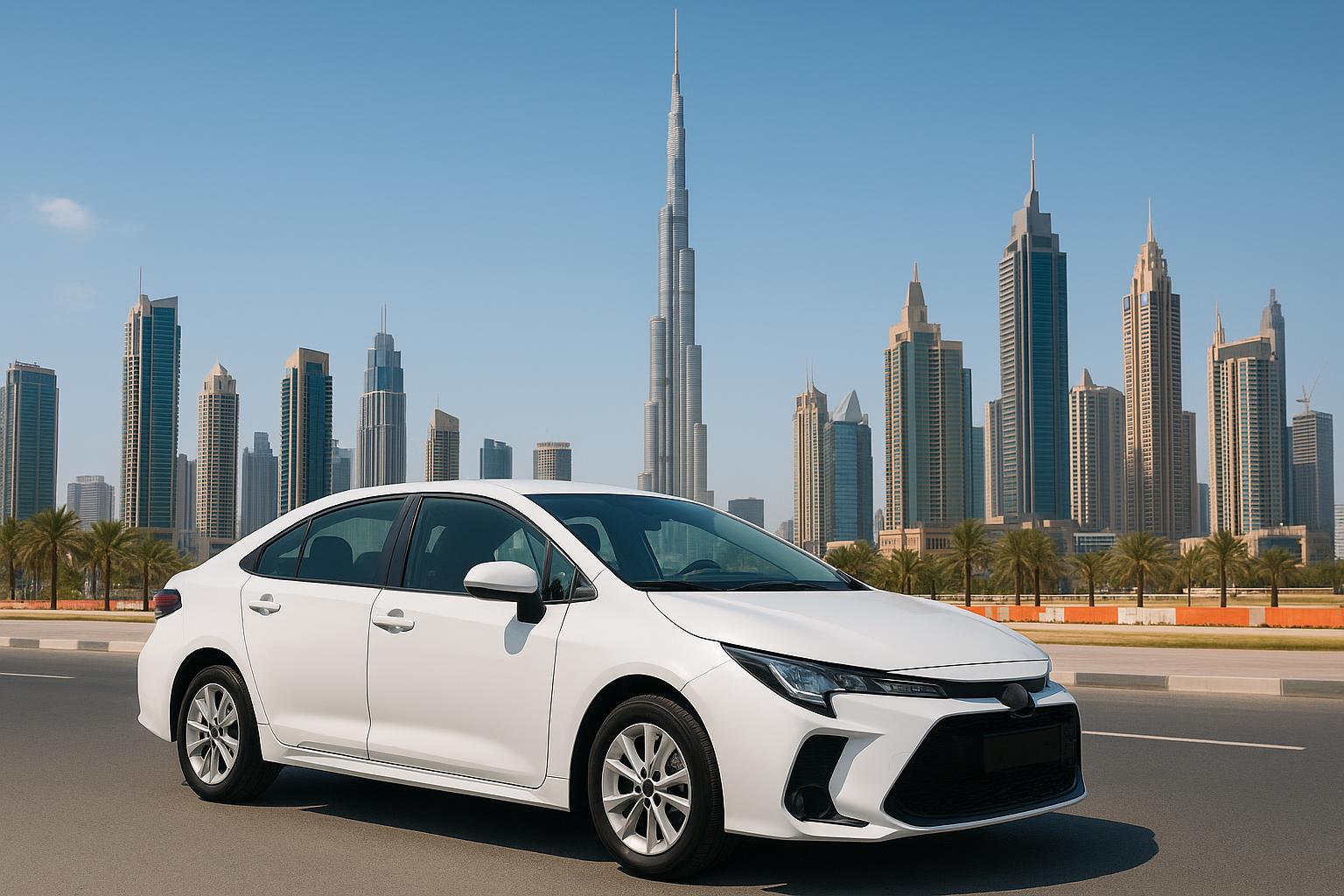 Modern car parked in Dubai with city skyline, representing monthly car rental options and services